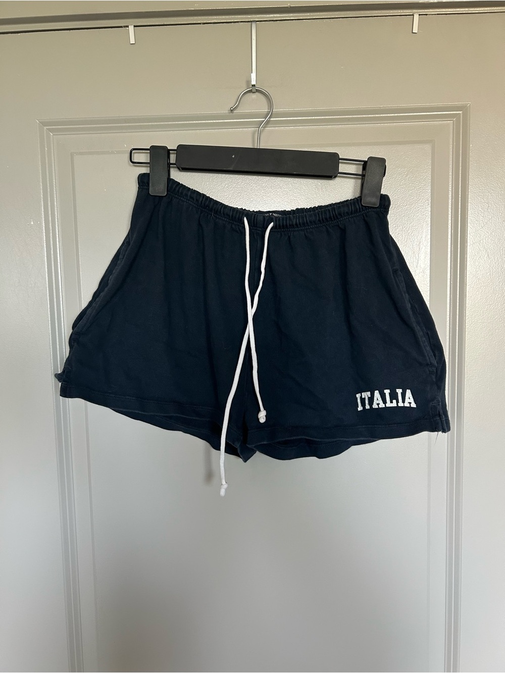 Brandy Melville Navy Shorts with White Drawstring and 'Italia' Logo